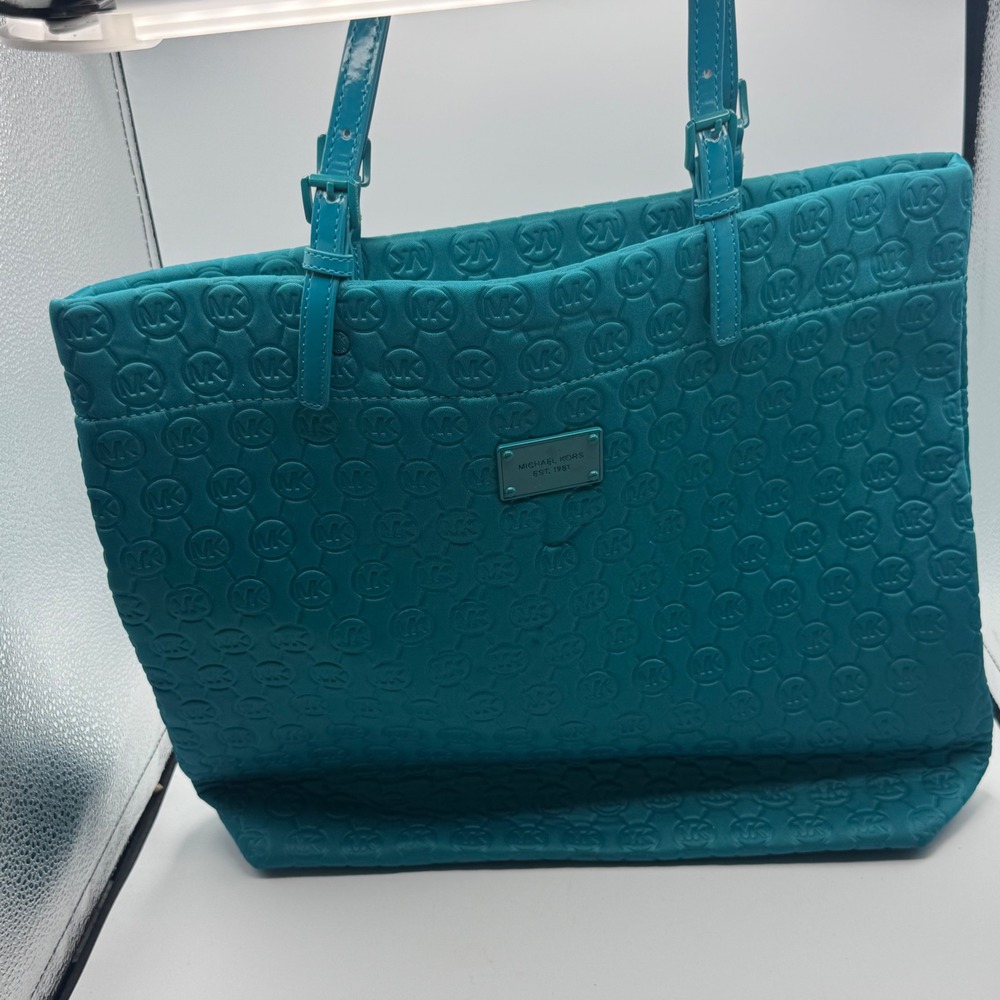 Michael Kors Tote Bag Women Large Teal Good Embossed Logo Patent Trim